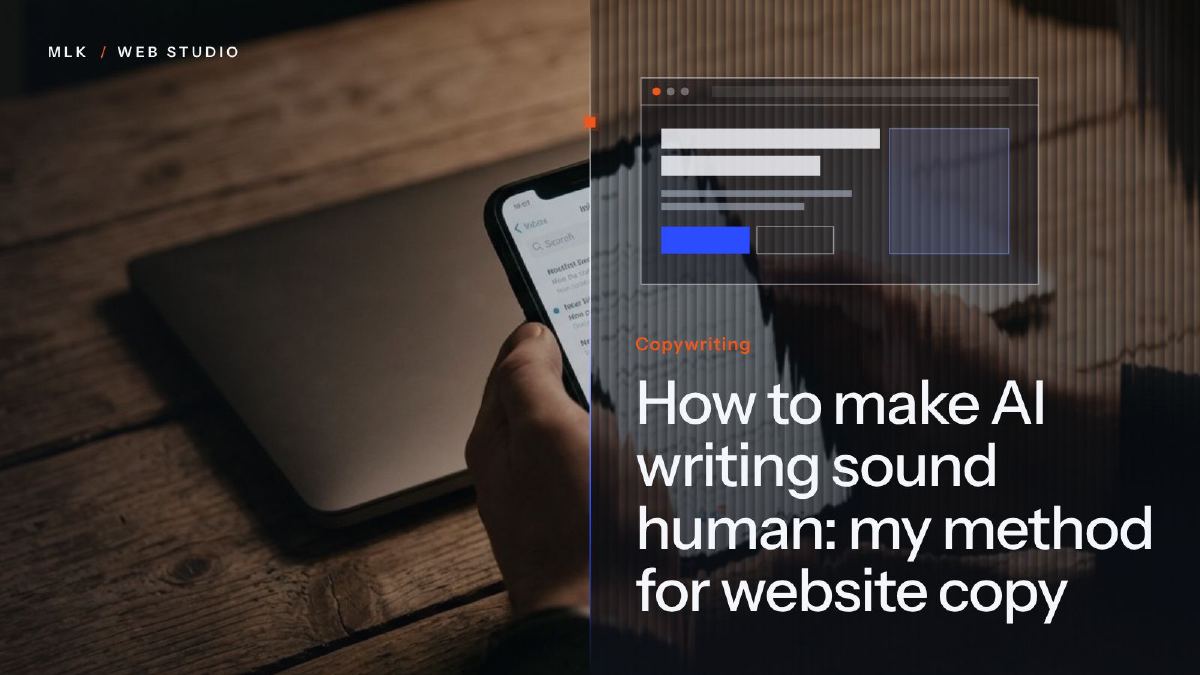 The word Copywriting under a web page wireframe, beside a phone showing an inbox, held over a laptop