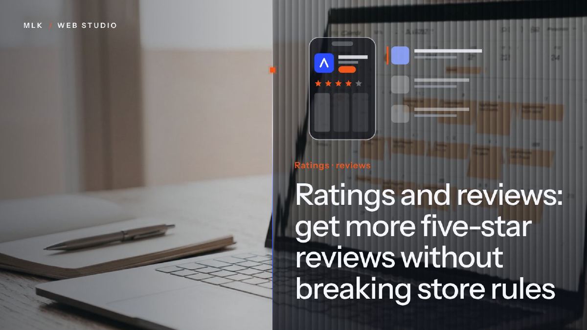 The article title in white on a ribbed-glass panel over a photo of a smartphone showing an app page with star ratings, beside a list of store results