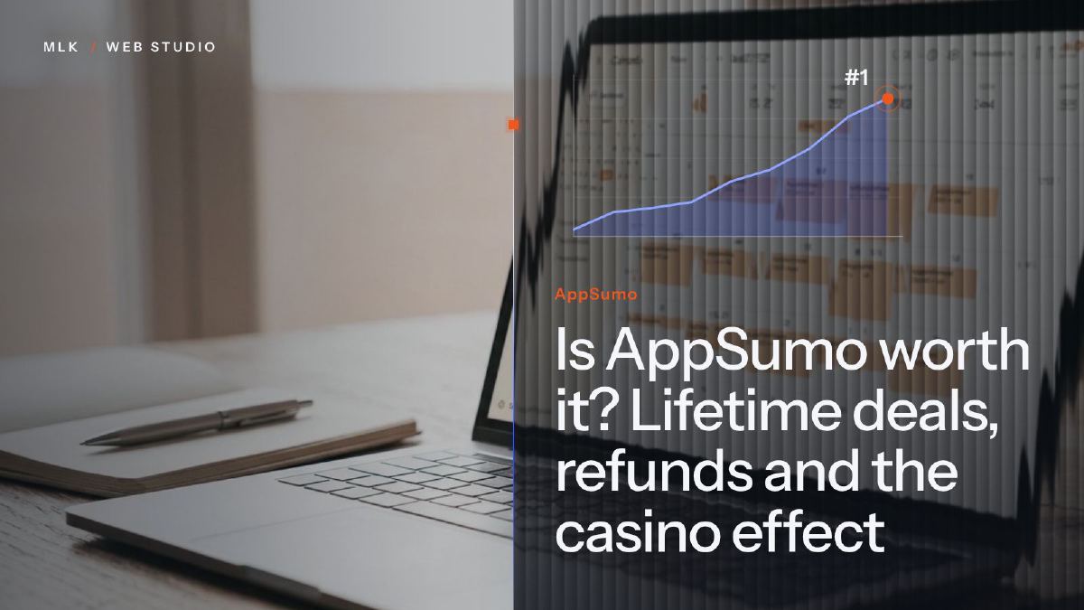 A laptop on a desk behind a rising line chart, titled AppSumo