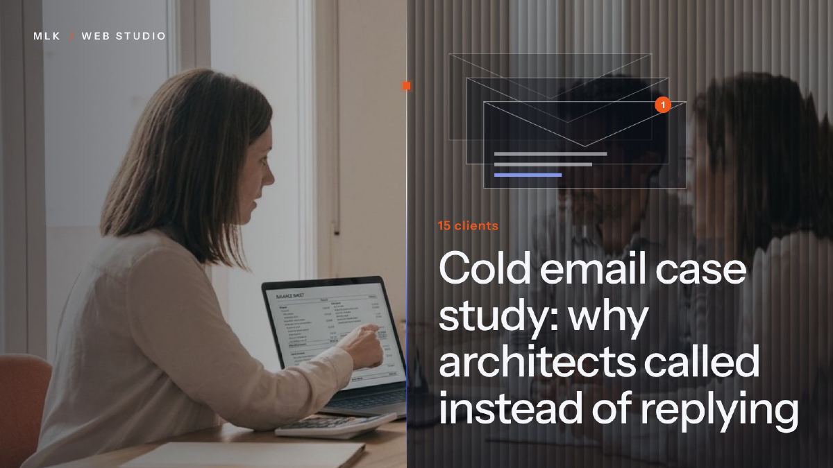 A person at a laptop beside stacked envelopes with one new message and the words 15 clients