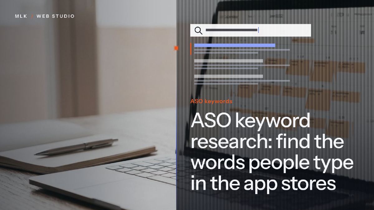The article title in white on a ribbed-glass panel, over a photo of a search bar above a list of results
