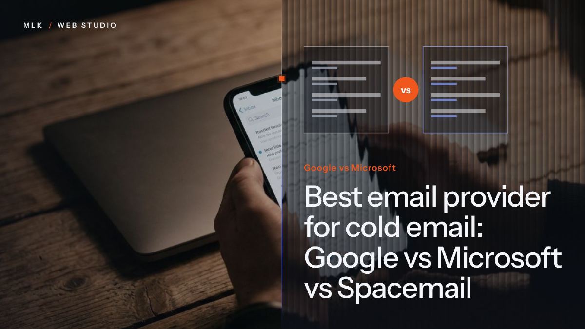A hand holding a phone open on an email inbox, beside two compared panels and the words Google vs Microsoft