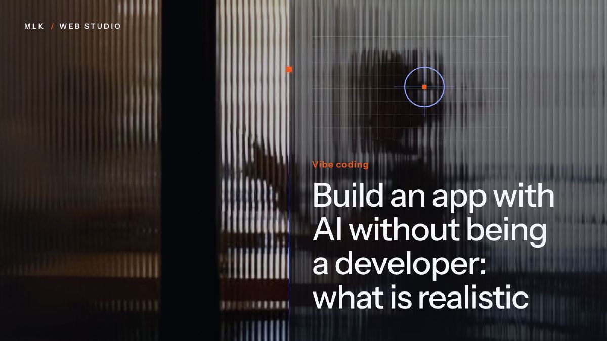 A person at a desk seen through ribbed glass, with a blueprint grid, a target and the words Vibe coding
