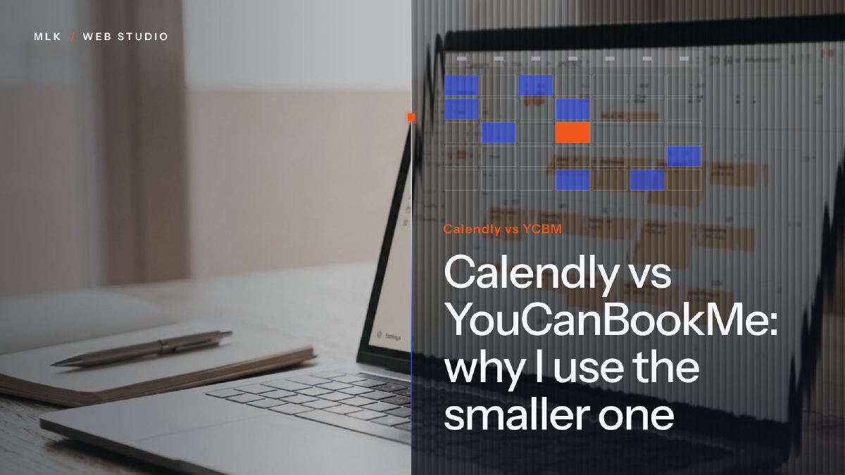 A laptop showing an online calendar with booked slots, titled Calendly vs YCBM