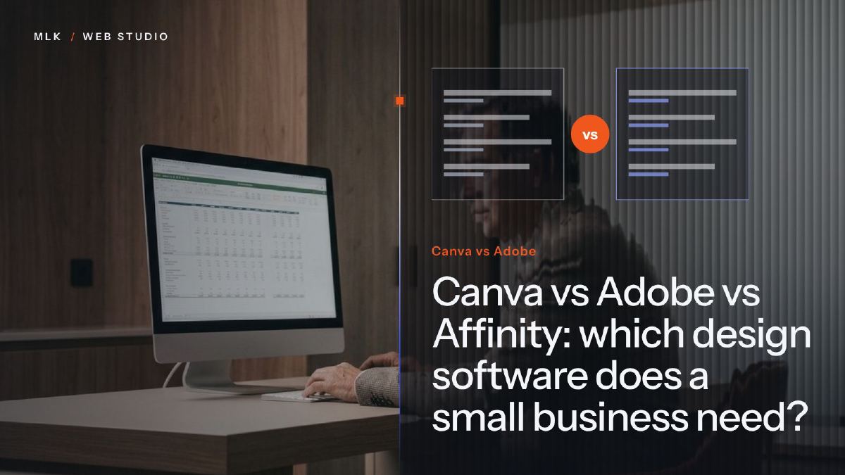 The words Canva vs Adobe beside two compared panels and a person working at a desktop computer