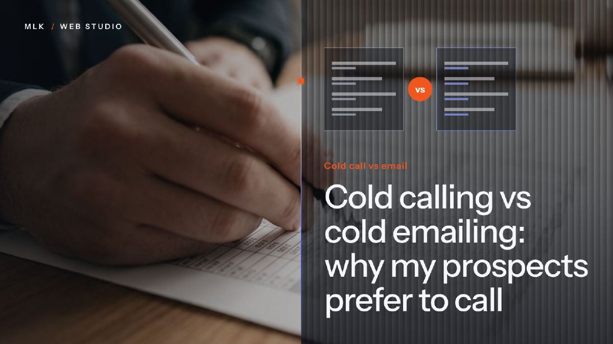 A hand filling in a printed table with a pen, beside two compared panels and the words Cold call vs email