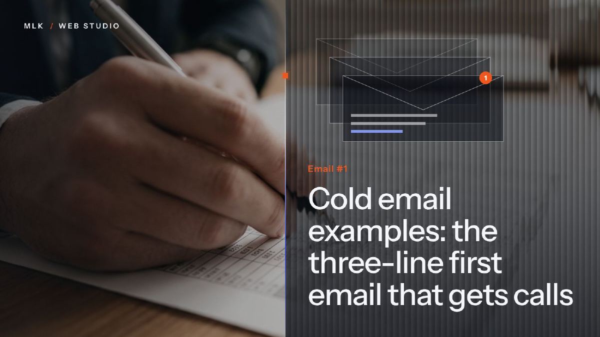 A hand writing with a pen beside stacked envelopes, the front one showing three lines, and the words Email #1