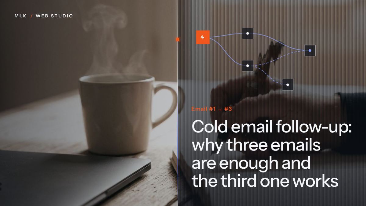 A steaming mug beside a laptop, a flow diagram of connected steps and the words Email #1 → #3
