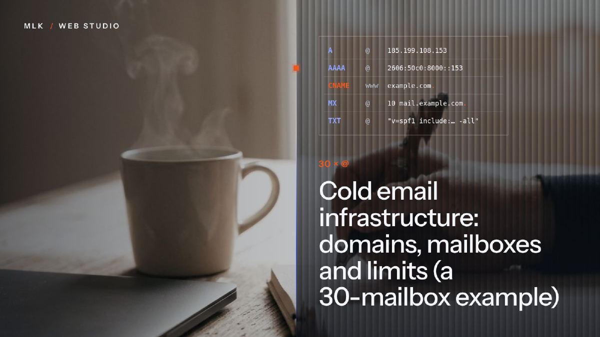 Thirty sending addresses spread over secondary domains, with their DNS records