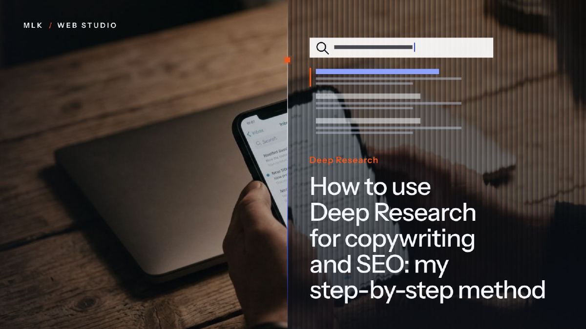 The words Deep Research beside a search bar and results, next to a phone held over a laptop
