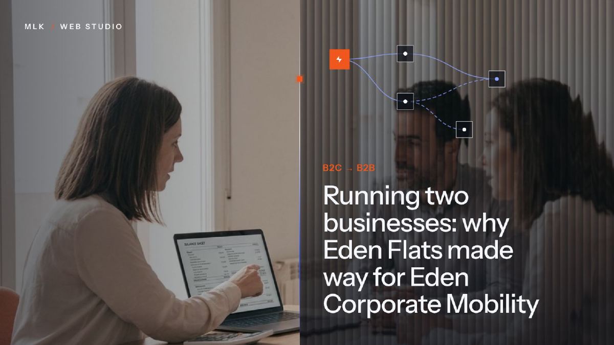 A person pointing at a balance sheet on a laptop, beside a flow diagram and the words B2C → B2B