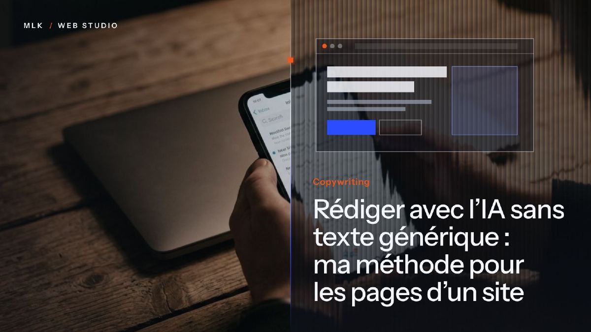 Le mot Copywriting sous la maquette d’une page web, à côté d’un téléphone affichant une boîte de réception, tenu au-dessus d’un ordinateur portable