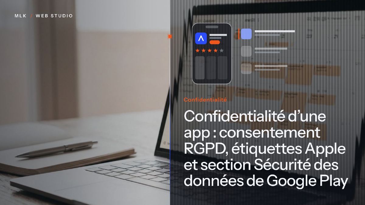 Le titre de l’article en blanc sur un panneau de verre cannelé, devant la photo d’un smartphone affichant la page d’une application et ses étoiles, à côté d’une liste de résultats du store