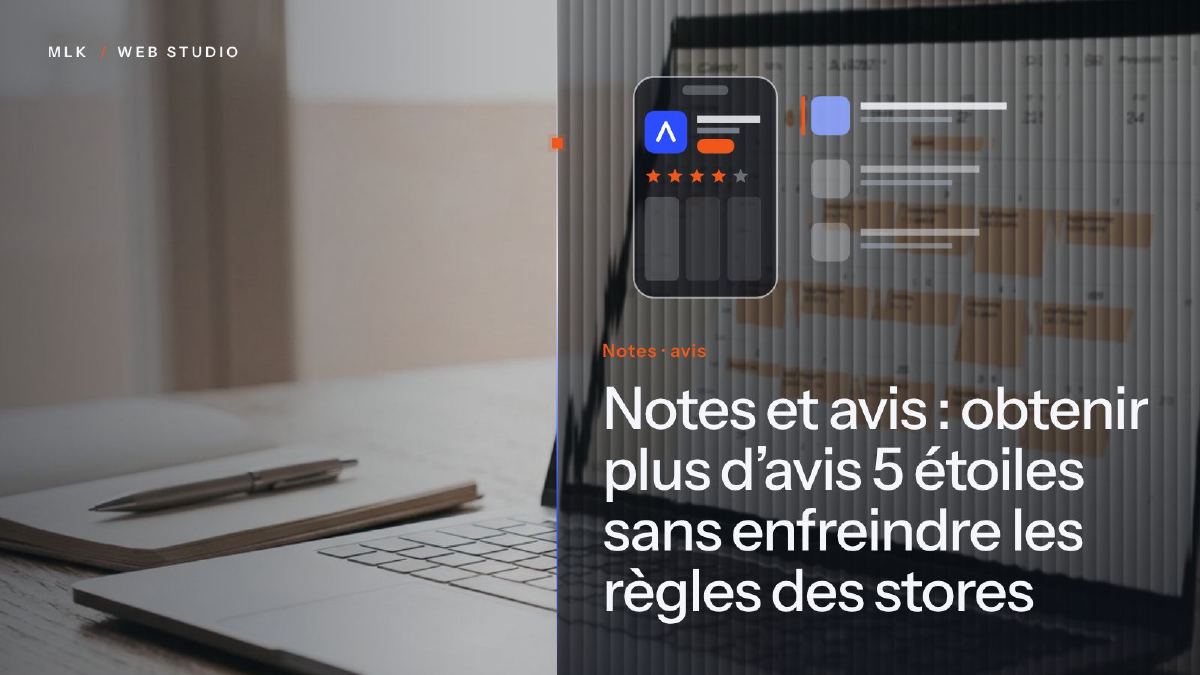 Le titre de l’article en blanc sur un panneau de verre cannelé, devant la photo d’un smartphone affichant la fiche d’une app notée en étoiles, à côté d’une liste de résultats du store