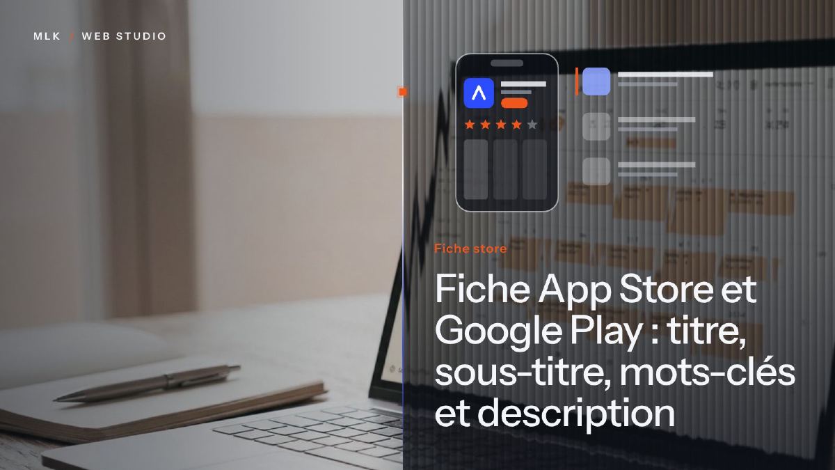 Le titre de l’article en blanc sur un panneau de verre cannelé, devant la photo d’un smartphone affichant la page d’une application et ses étoiles, à côté d’une liste de résultats du store