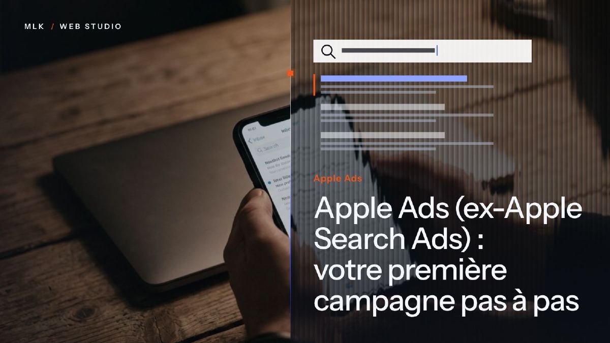 Le titre de l’article en blanc sur un panneau de verre cannelé posé sur une photo, avec une barre de recherche au-dessus d’une liste de résultats