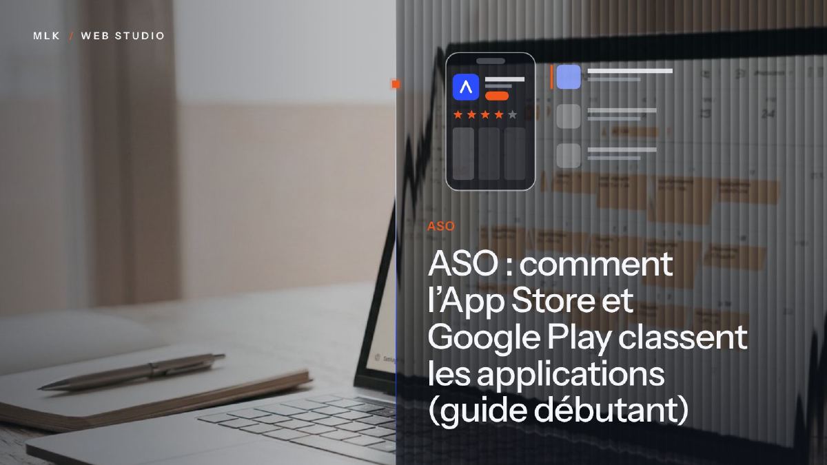 Le titre de l’article en blanc sur un panneau de verre cannelé, devant la photo d’un smartphone affichant la page d’une application et ses étoiles