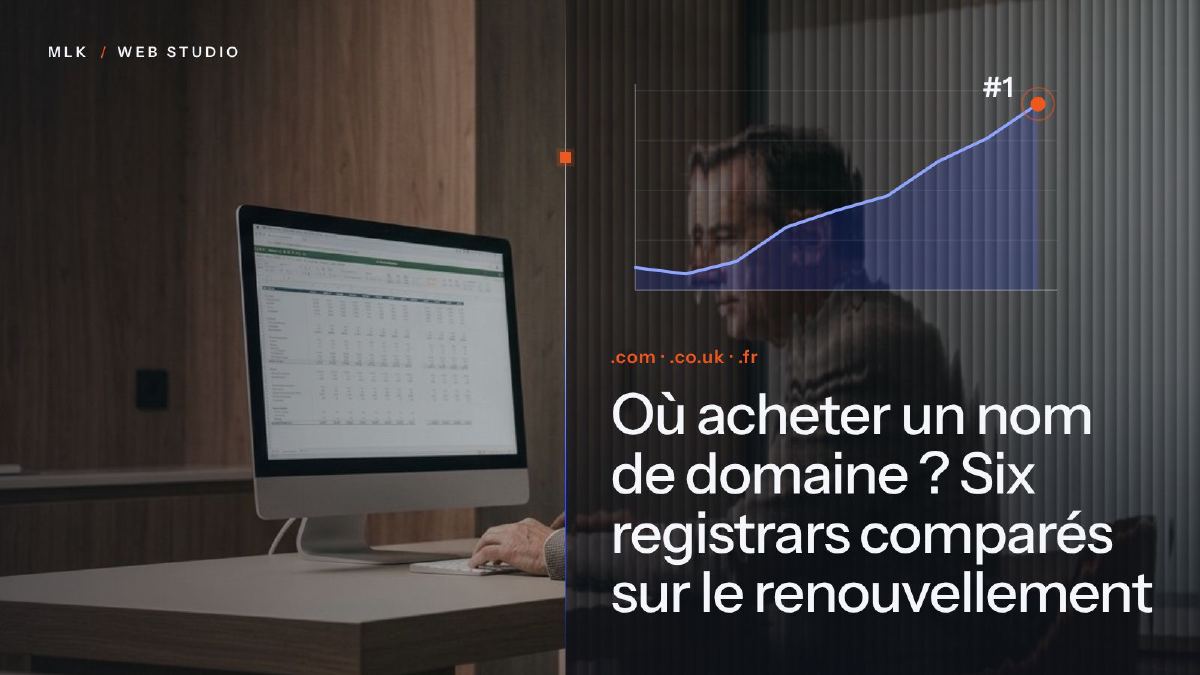 Un tableur sur un écran d’ordinateur, à côté d’un graphique de prix en hausse et des extensions .com, .co.uk et .fr