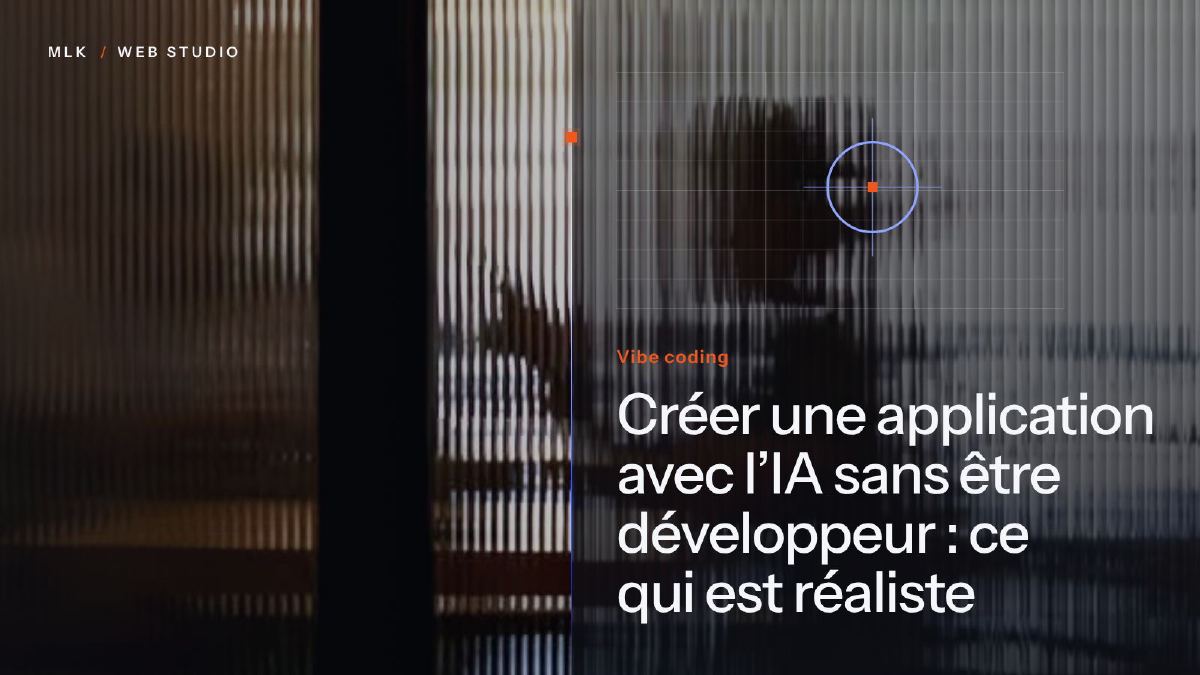 Une personne à son bureau vue à travers un verre cannelé, avec une grille de plan, une cible et les mots Vibe coding