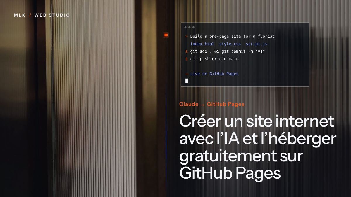 Une fenêtre de terminal derrière un verre cannelé, à côté des mots Claude et GitHub Pages reliés par une flèche