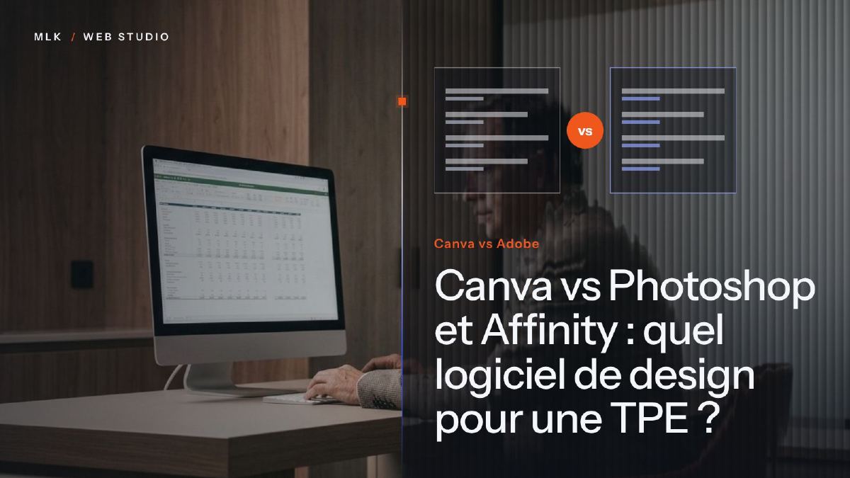 Les mots Canva vs Adobe à côté de deux colonnes comparées et d’une personne devant un ordinateur