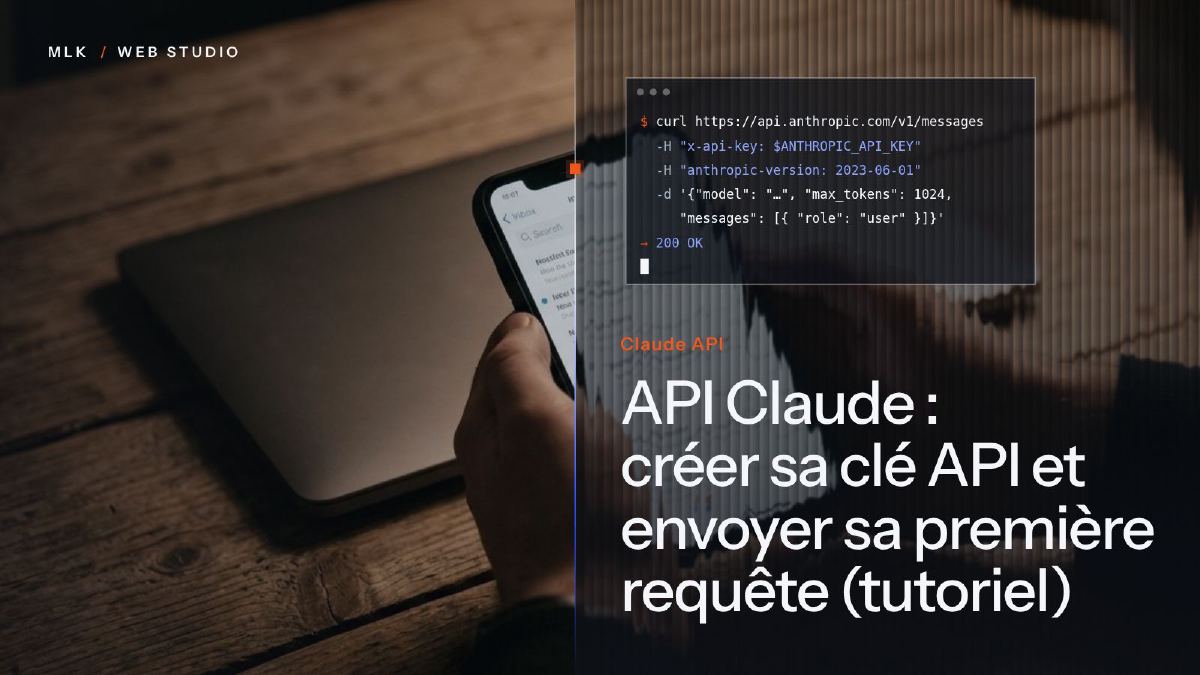 Un terminal affichant une requête curl vers l’API et la réponse 200 OK, à côté des mots Claude API