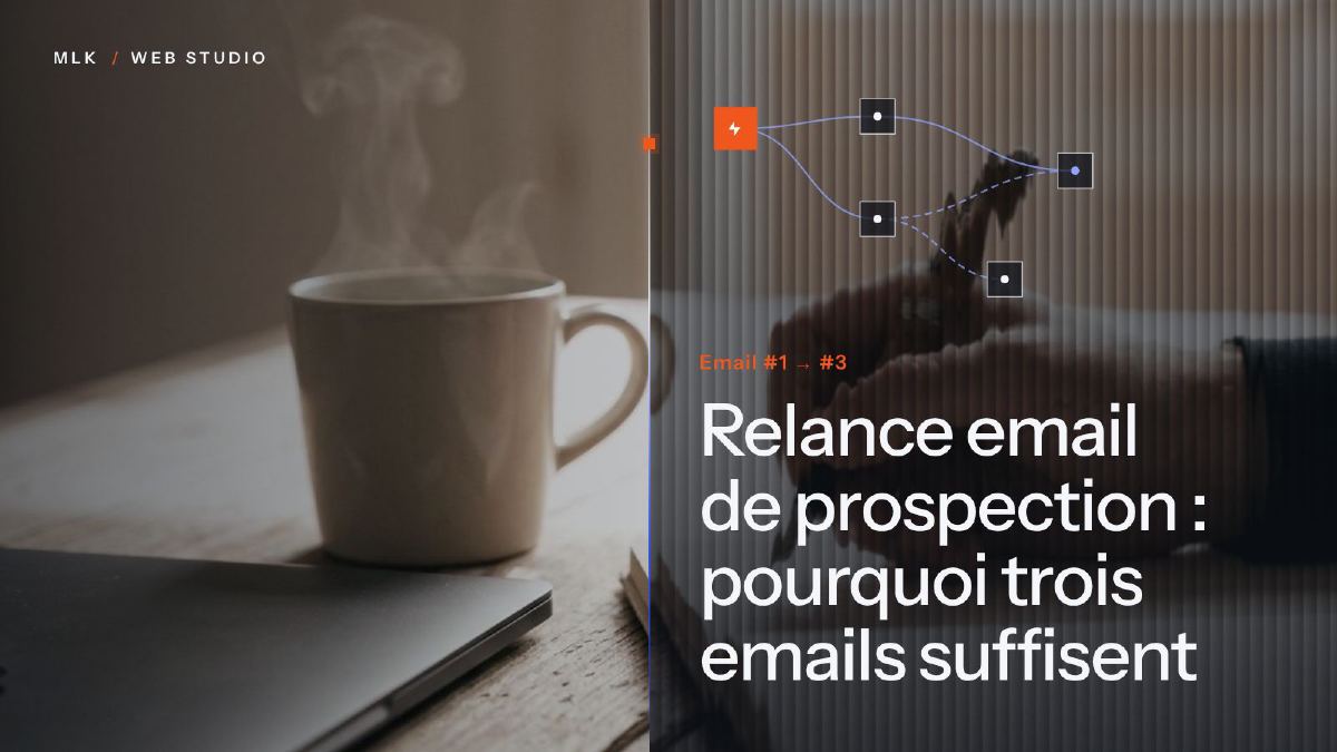 Une tasse fumante près d’un ordinateur portable, un schéma d’étapes reliées et l’inscription « Email #1 → #3 »