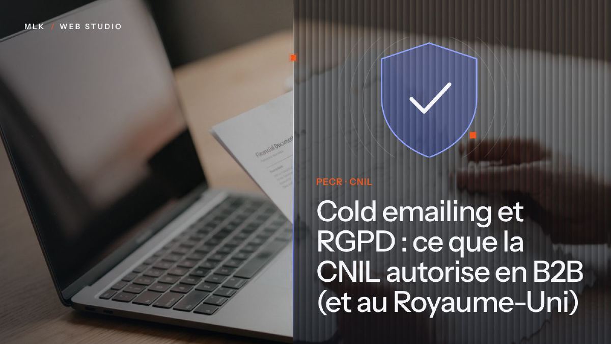 Un ordinateur portable et un document imprimé à côté d’un bouclier coché, avec les sigles PECR et CNIL