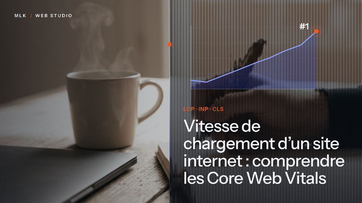 Une courbe ascendante derrière du verre cannelé, à côté d’une tasse de café et d’un ordinateur portable, avec les lettres LCP, INP et CLS