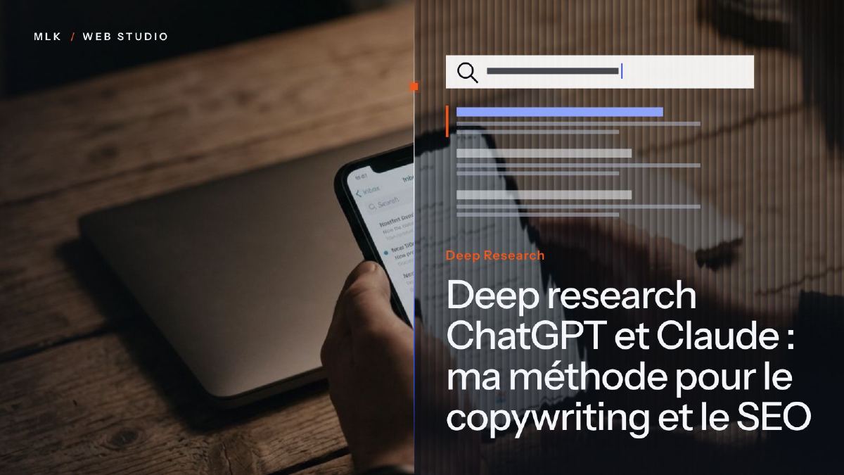 Les mots Deep Research à côté d’une barre de recherche et de résultats, près d’un téléphone tenu au-dessus d’un ordinateur portable
