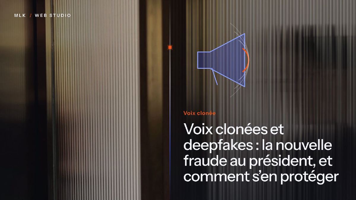Le titre de l’article en blanc sur un panneau de verre cannelé au-dessus d’une photo, avec un mégaphone et des ondes sonores