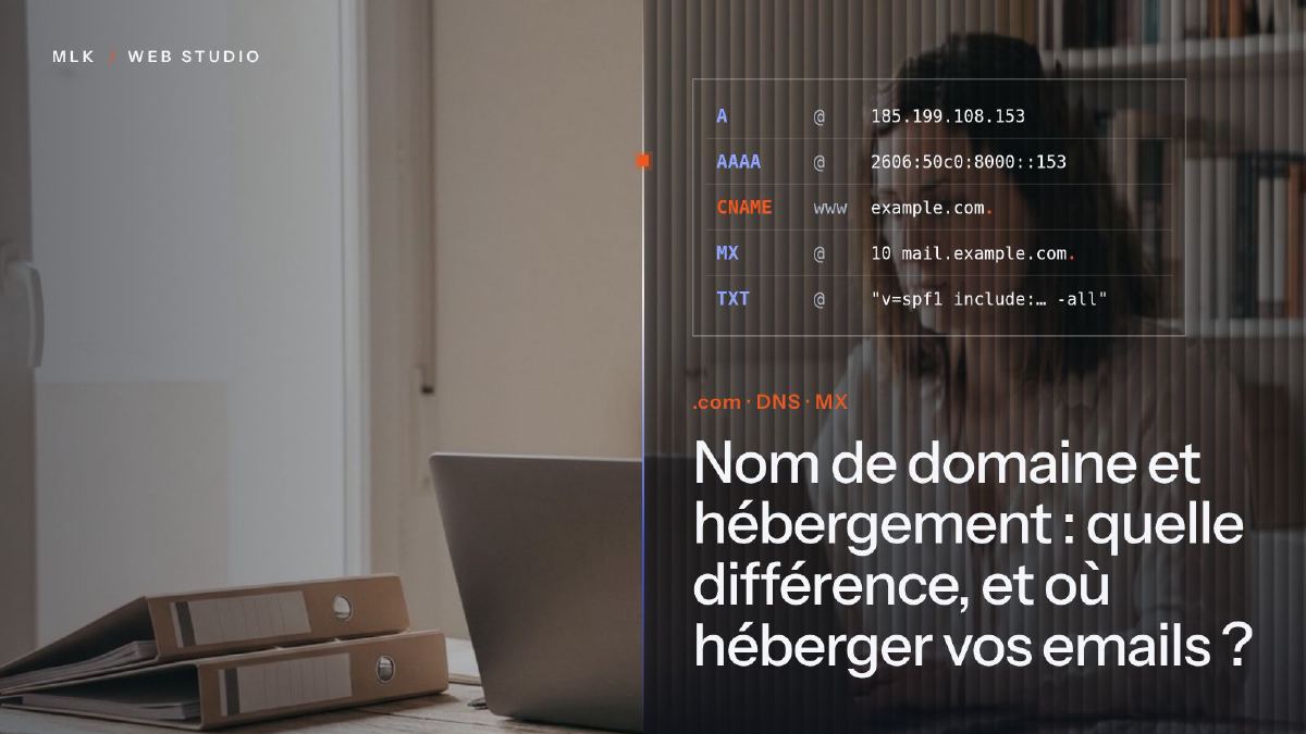 Un nom de domaine relié par les DNS à un hébergeur web et à une messagerie