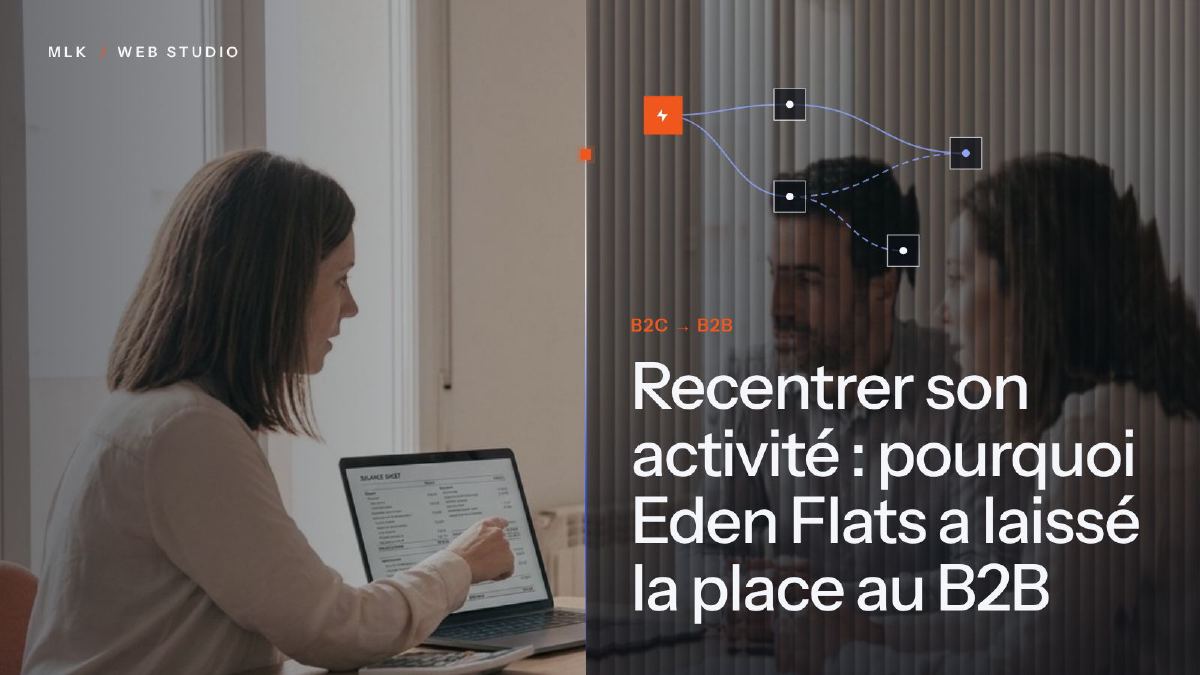 Une personne montrant un bilan sur un ordinateur portable, un schéma de flux et l’inscription « B2C → B2B »