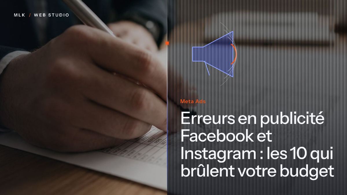 Les mots Meta Ads et un mégaphone stylisé, à côté d’une main qui note des chiffres dans un tableau
