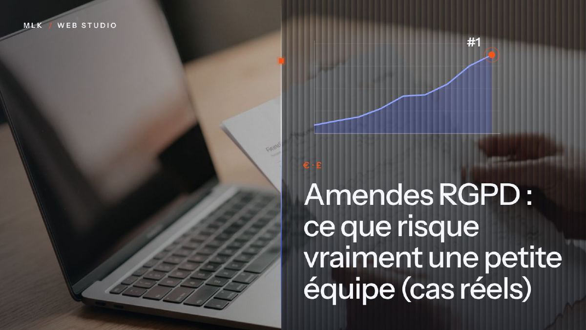 Le titre « Amendes RGPD : ce que risque vraiment une petite équipe (cas réels) » en blanc sur un panneau de verre cannelé posé sur une photo, avec un graphique en courbe ascendante