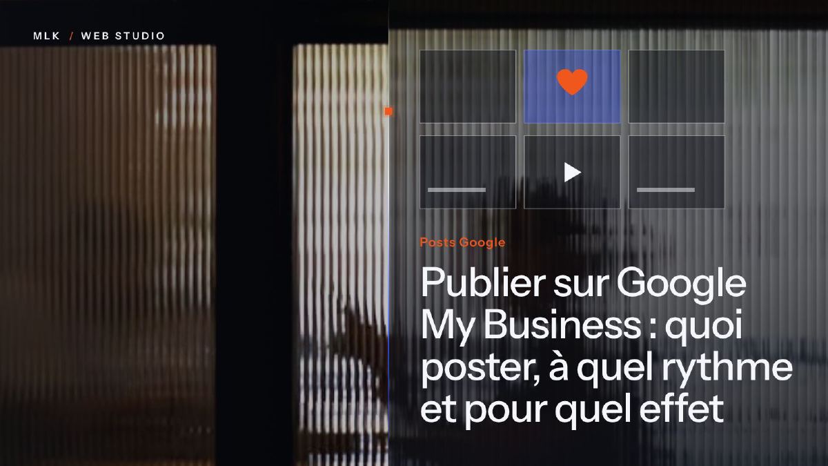 Grille de vignettes de posts avec un cœur et une icône de lecture, à côté des mots Business Profile posts