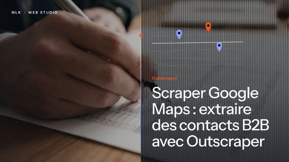 Une main qui coche les lignes d’un tableau imprimé à côté d’épingles de carte sur une grille, avec le mot Outscraper
