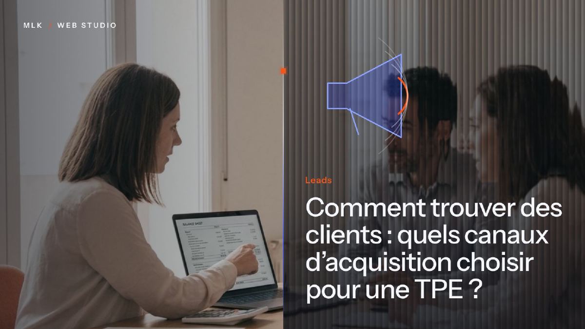Une personne travaillant sur un ordinateur portable, à côté d’un rendez-vous vu à travers un verre cannelé, avec un mégaphone dessiné et le mot Leads