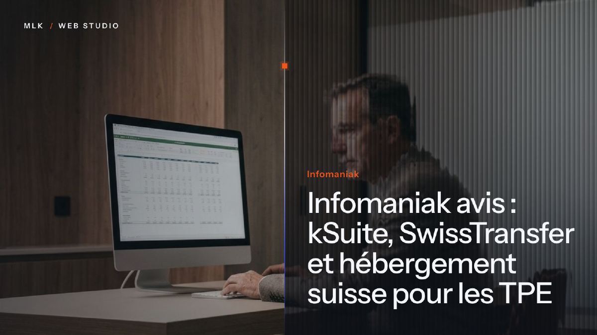 Le nom Infomaniak, le fournisseur suisse de la kSuite et de SwissTransfer, sur un fond de verre