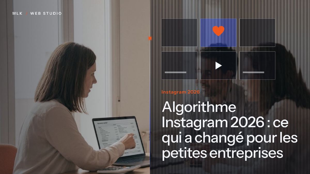 Une femme travaille sur un ordinateur portable à côté d’une grille de publications avec un cœur et un bouton lecture, sous le titre Instagram 2026