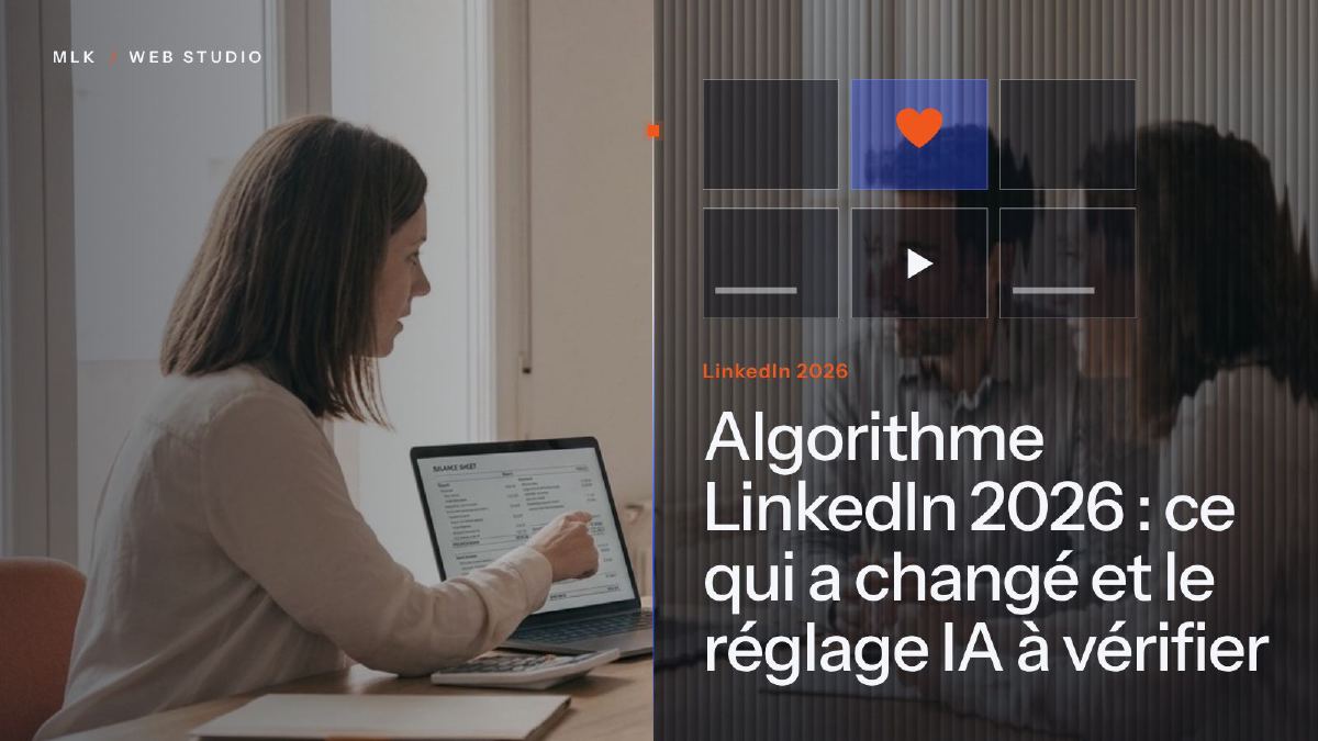Une femme consulte un document sur son ordinateur portable à côté d’une grille de publications avec un cœur et un bouton lecture, sous le titre LinkedIn 2026