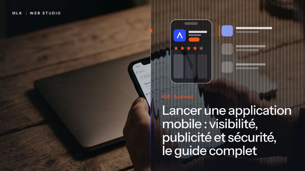 Le titre de l’article en blanc sur un panneau de verre cannelé, devant la photo d’un smartphone affichant la page d’une application et ses étoiles, à côté d’une liste de résultats d’un store