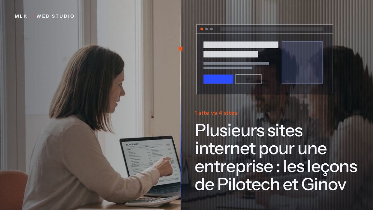 Une personne devant un ordinateur portable, une maquette de navigateur et l’inscription « 1 site vs 4 sites »