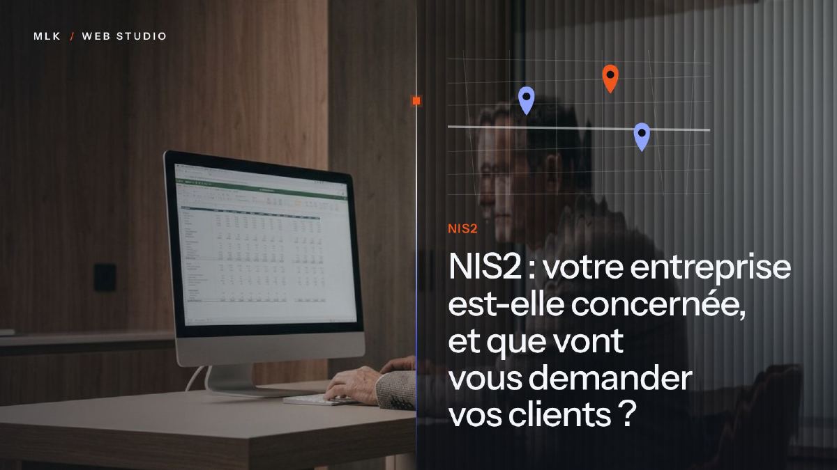 Le titre « NIS2 : votre entreprise est-elle concernée, et que vont vous demander vos clients ? » en blanc sur un panneau de verre cannelé posé sur une photo, avec une carte parsemée d’épingles de localisation