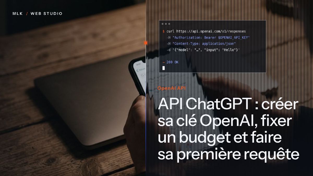Un téléphone affichant une boîte de réception, et un terminal avec une requête curl et la réponse 200 OK au-dessus des mots OpenAI API