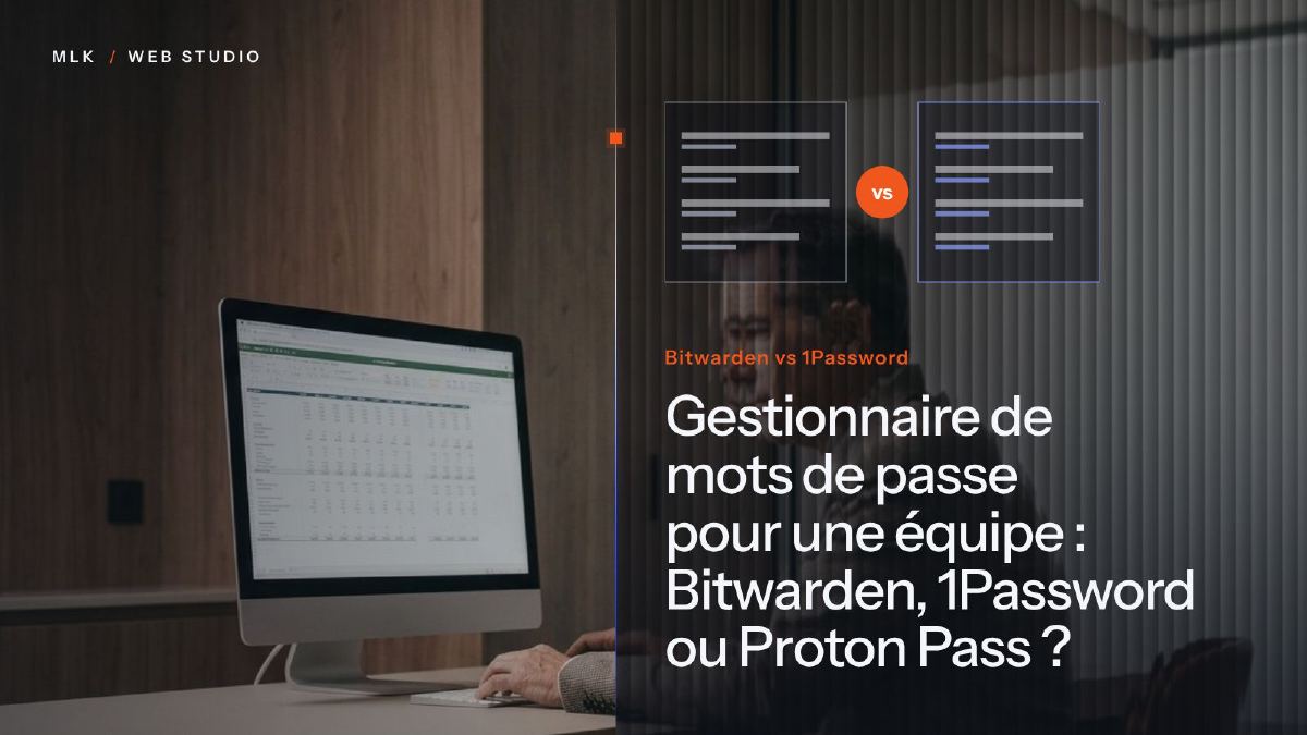 Le titre « Gestionnaire de mots de passe d’équipe : Bitwarden, 1Password ou Proton Pass ? » en blanc sur un panneau de verre cannelé posé sur une photo, avec deux panneaux côte à côte et un badge « vs » orange