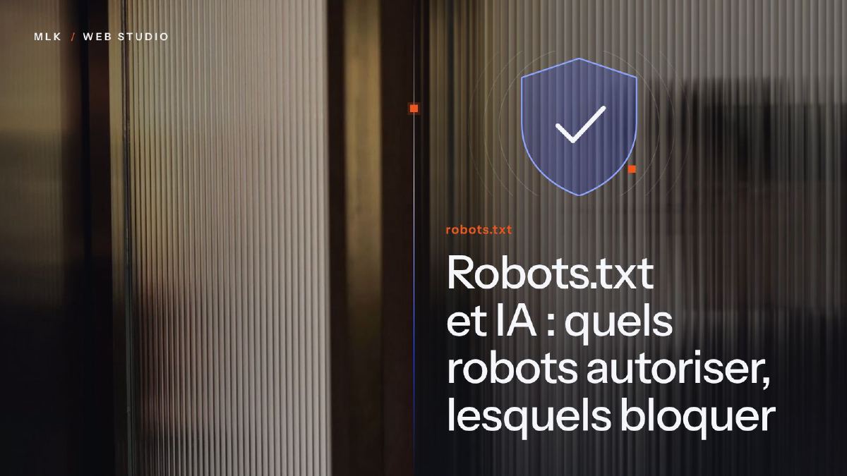 Un bouclier bleu marqué d’une coche sur un fond de verre cannelé, à côté du mot robots.txt