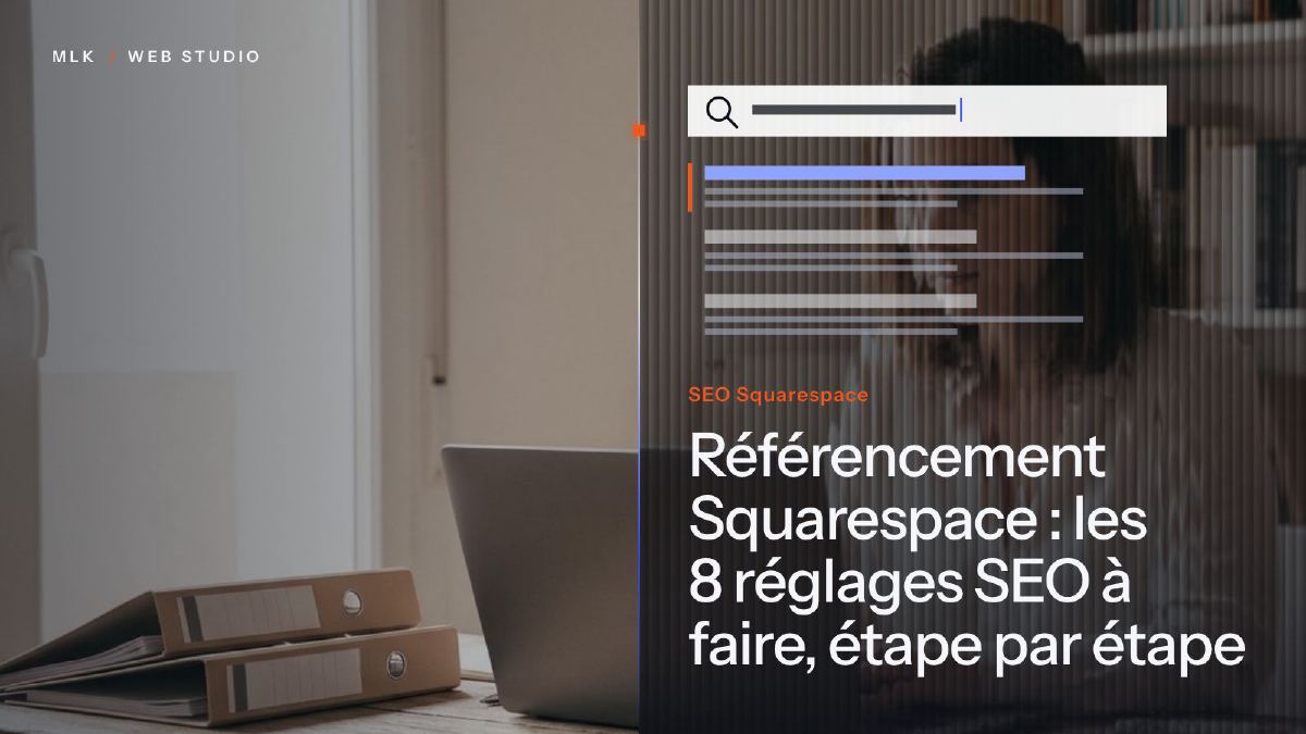 Barre de recherche au-dessus d’une liste de résultats dont le premier est mis en avant, à côté des mots Squarespace SEO et d’un ordinateur portable