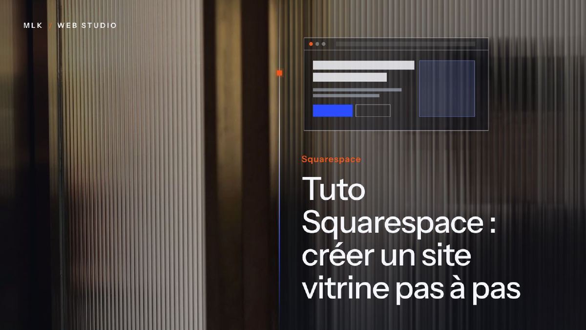 Une fenêtre de navigateur avec la maquette d’une page et un bouton bleu sur fond de verre strié, titrée Squarespace
