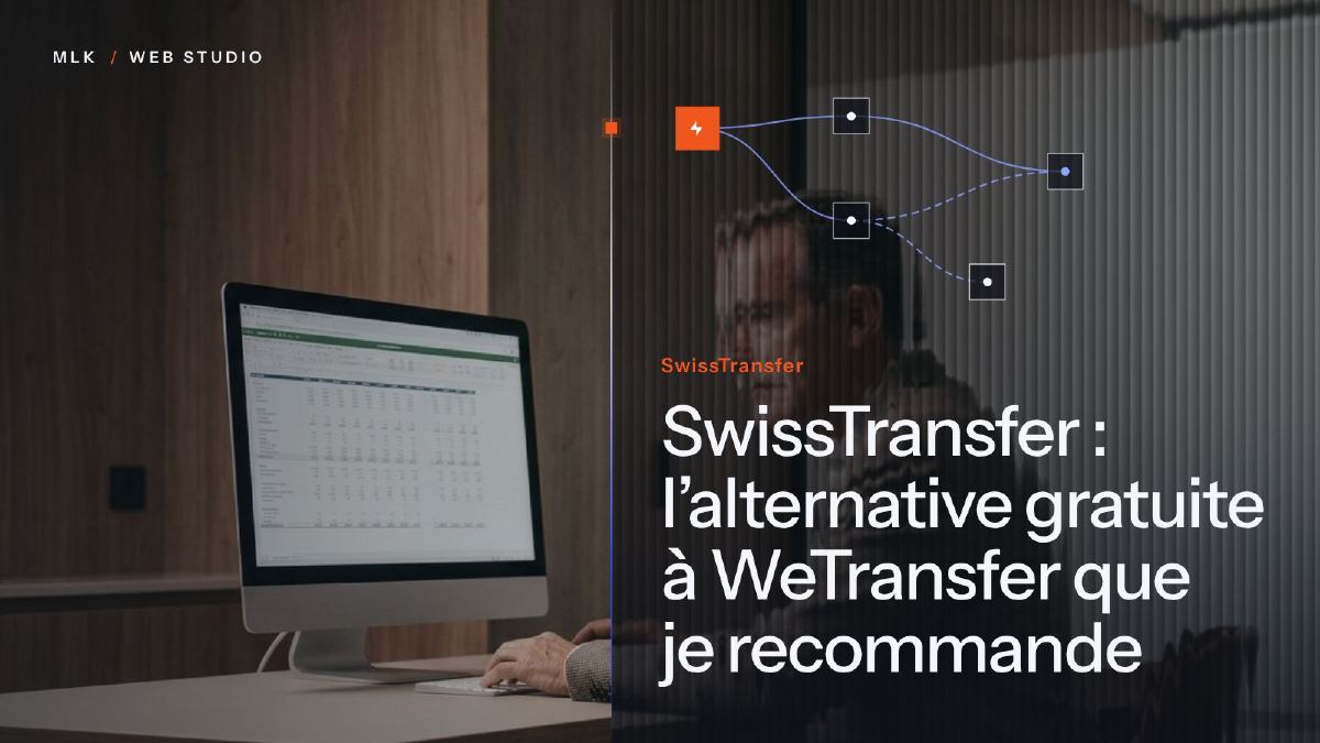 Un homme travaille sur un tableur devant un ordinateur, à côté d’un schéma de flux de fichiers titré SwissTransfer